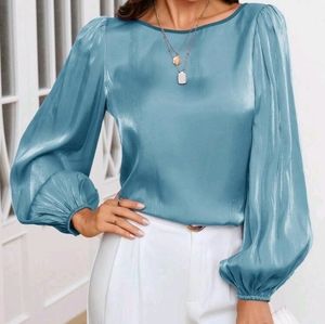 Luxe Satin Sheer Lantern Sleeve Satin Shirt Top Blouse